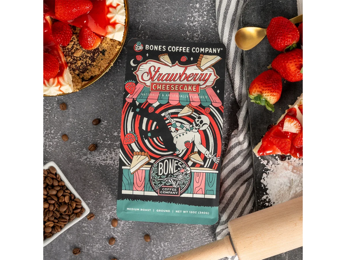 Bones Coffee Company Strawberry Cheesecake coffee bag